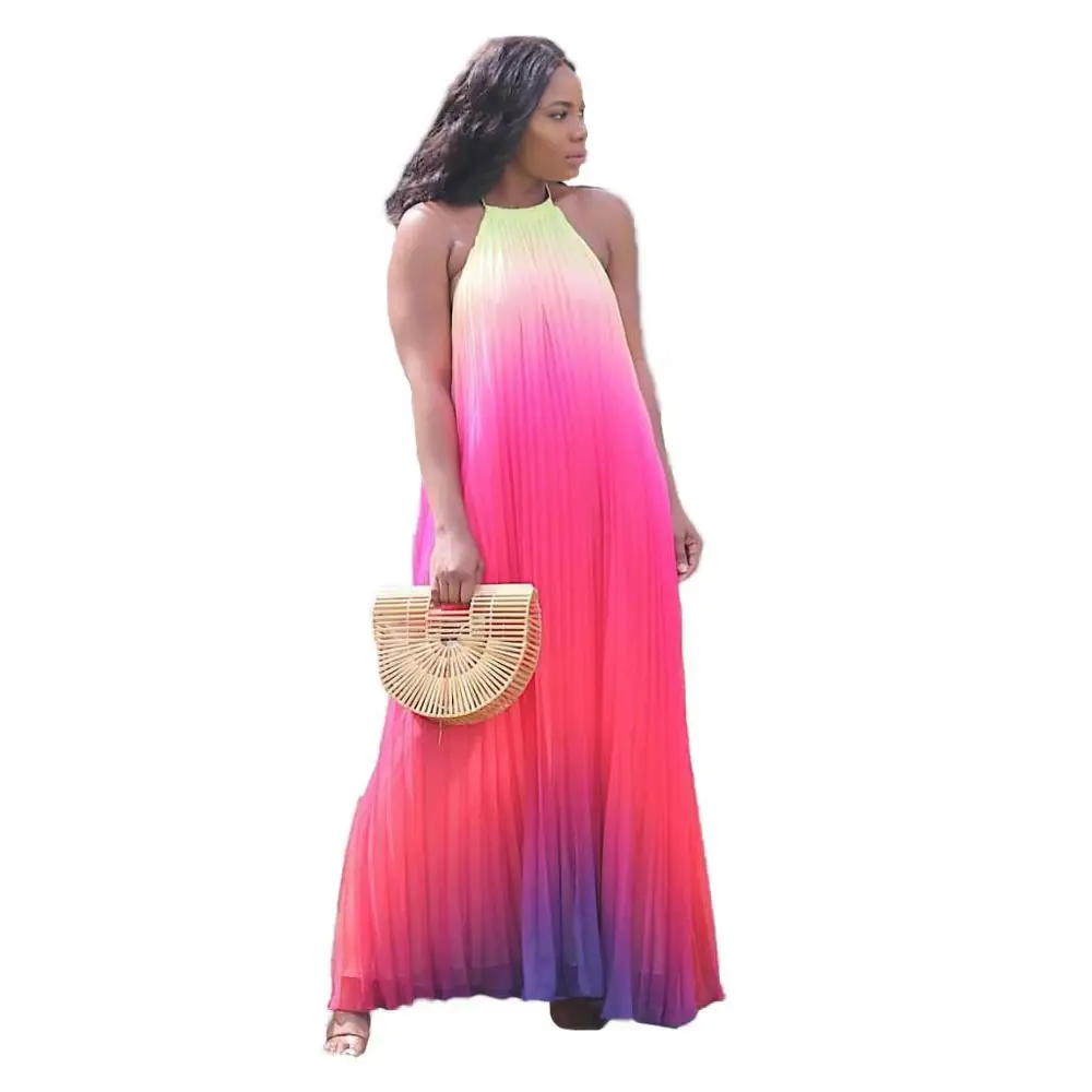 

20224-MX93 casual halter gradation color pleated women plus size dress