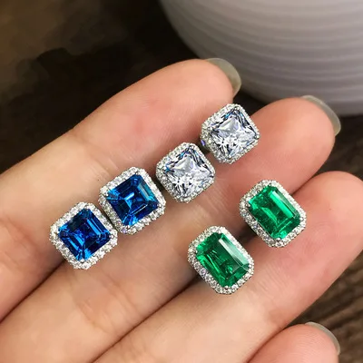 

Luxury Geometric Square Green Blue Crystal Stud Earrings Full Rhinestone Cz Emerald Sapphire Stud Earrings