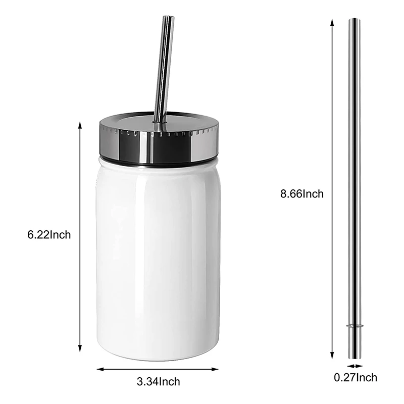 

Stainless Steel 500ml White Blank Mason Jar For Sublimation With Lid And Straw For Hot Cold Drinks