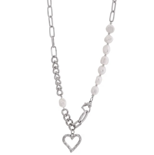 

Wholesale Trendy pearl necklace hollow heart necklace, Silver