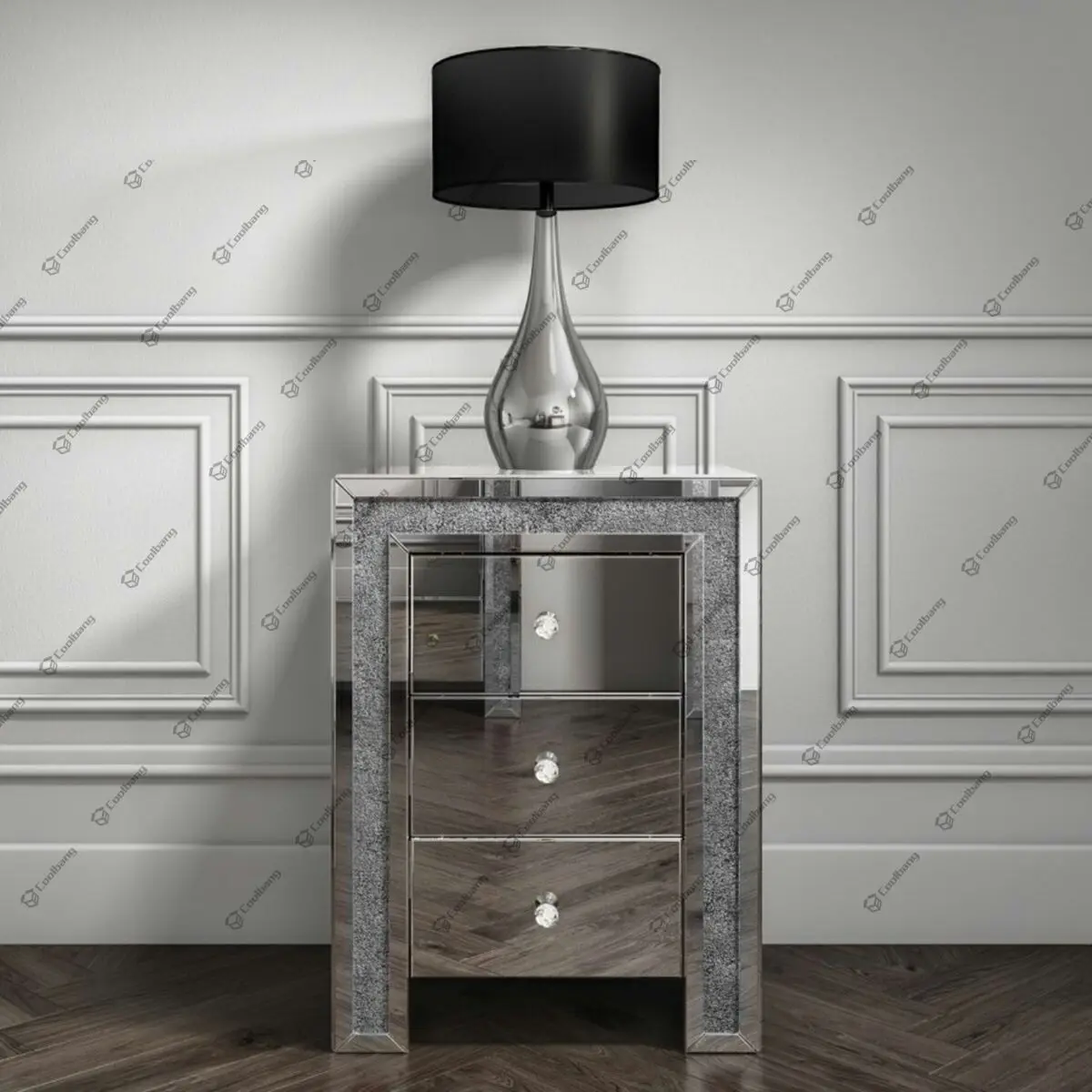 

Mirrored Bedroom Furniture Modern Drawers Silver Nightstands Luxury Crushed Diamond Beside Table, Silver with crushed diamond