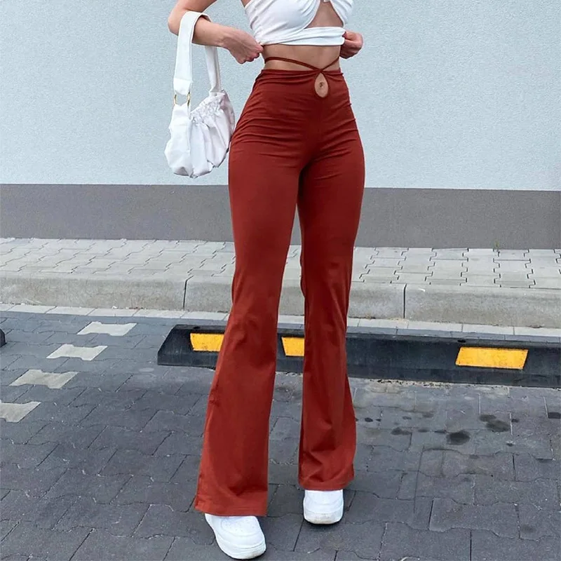 

Wholesale Cheap Slim Tight Leg Plain Elastic Flared Pant Women Solid Stretch Lace Up Slim Full Length Flare Leg High Waist Pants