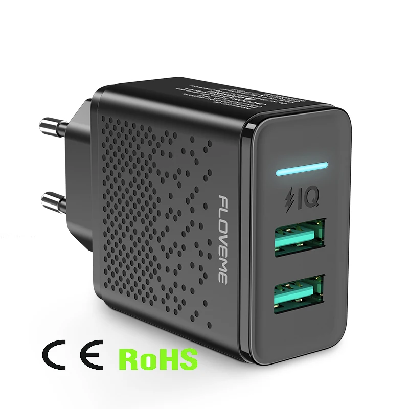 

Free Shipping 1 Sample OK 2.4A EU Plug Mobile Cell Phone Wall Charger FLOVEME Travel Charger Dual Ports USB Fast Charge