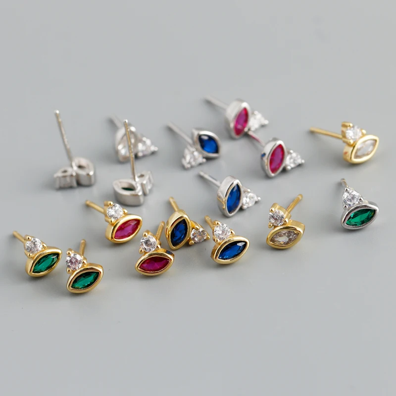 

2022 NEW 925 Sterling Silver Minimalist cz Horse eye Multicolor blue green cz Stud earrings for women