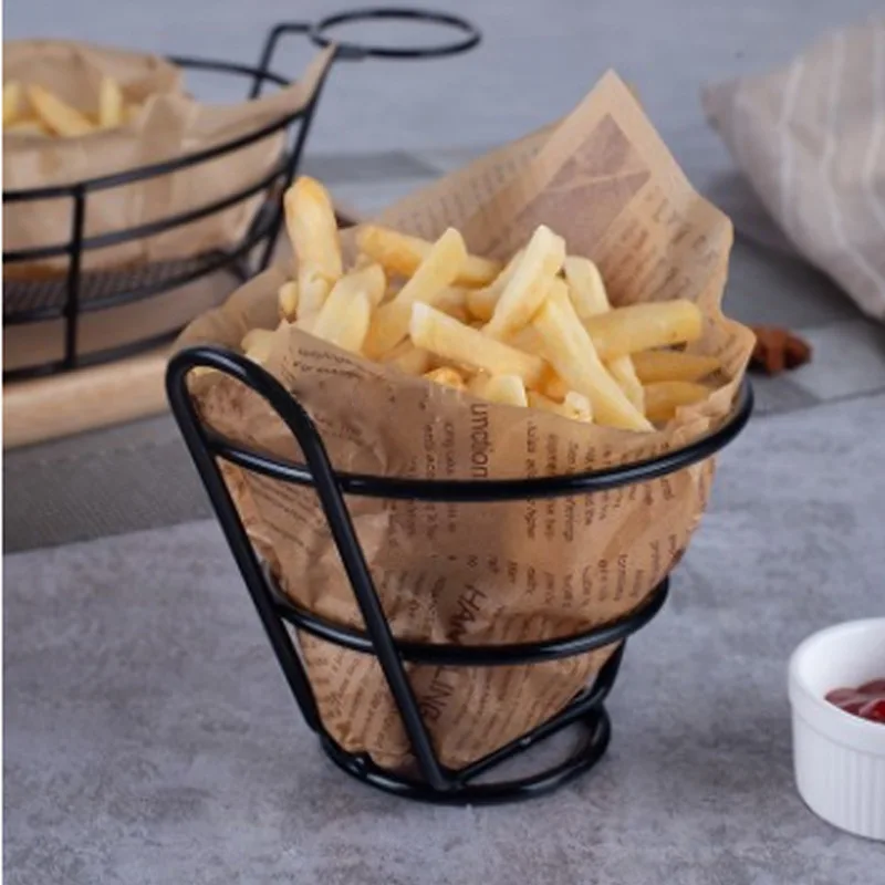 

French Fries Holder Display Rack Wire French Fries Stand Cone Basket Fry Holder with Sauce Dippers for Kitchen, Customized color