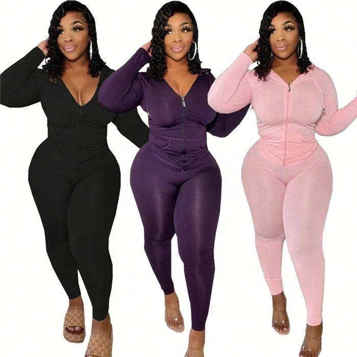 

F8633-autumn clothing women plus size solid color zipper hoodie casual women tracksuit outfit