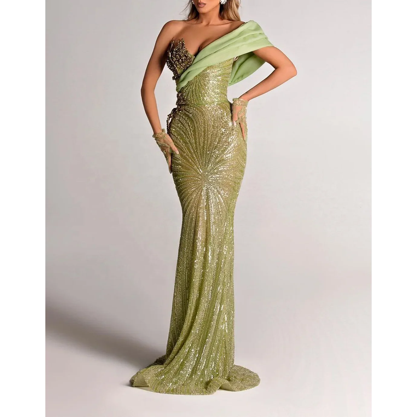 Elegant Off Shoulder Sequin Patchwork Mesh Maxi Gown