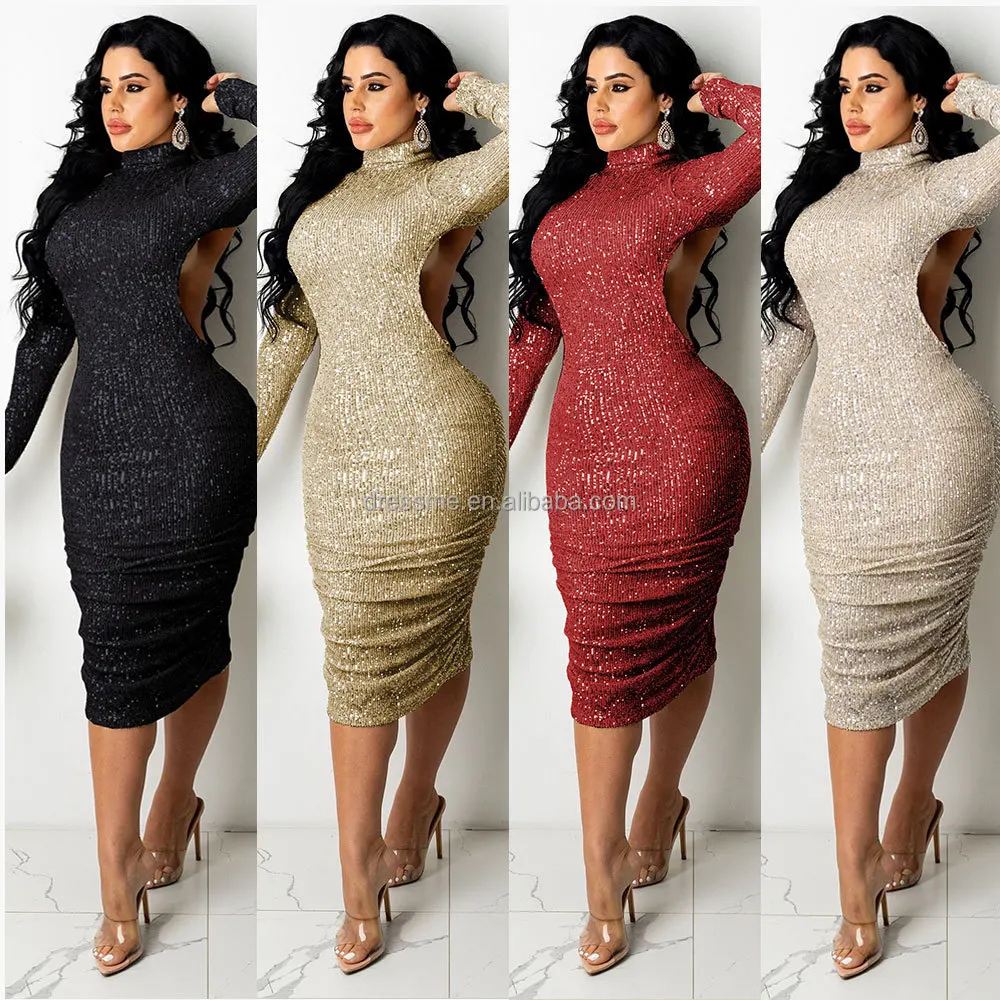 

MT332-7213 2022 fashion new women's leisure long sleeve round neck sexy backless sequins nightclub dress Split Skirt
