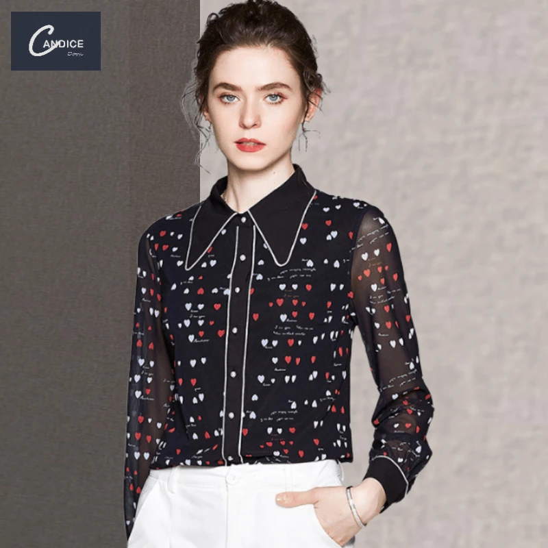 

Candice hot sale black chiffon stitching formal OL wear elegant thin polka dot shirts office print collar blouse women sexy