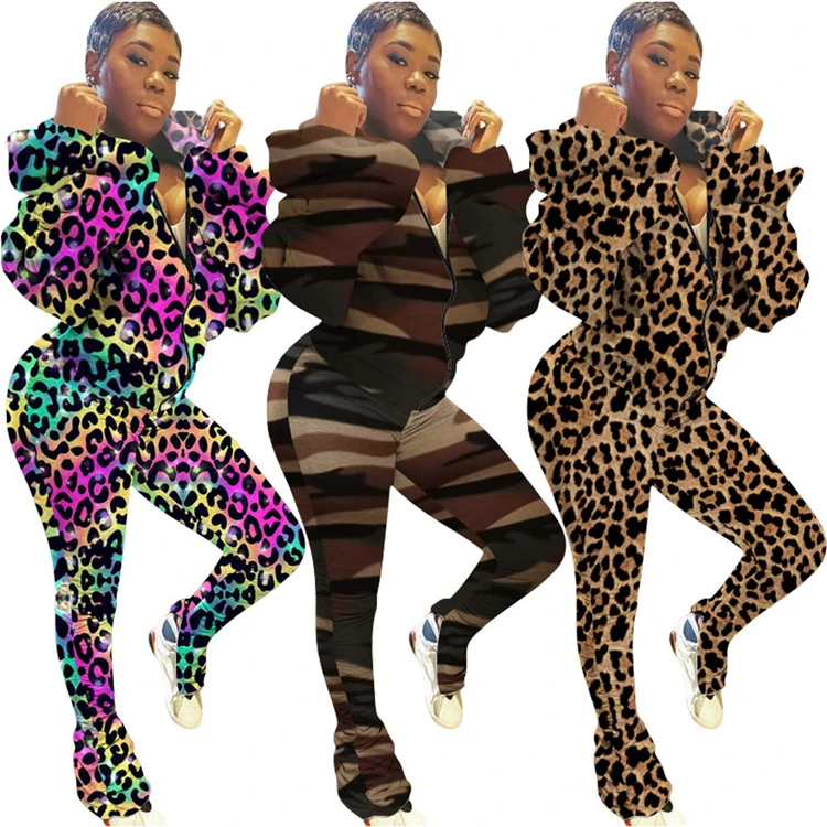 

Fall And Winter New Sexy Backless Puff Sleeve Hooded Leopard Women Stacked Pants Set Two Piece Set Women Clothing Sweat Suits, As picture