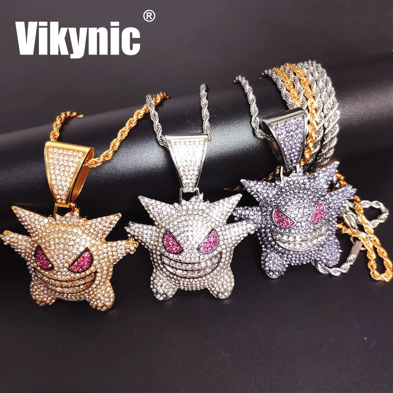 

Hip Hop Gold Plated Gengar Pendant Necklace Diamond Cuban Link Chain Necklace Bling Cubic Zirconia Iced Out Cuban Link Chain, Gold/silver