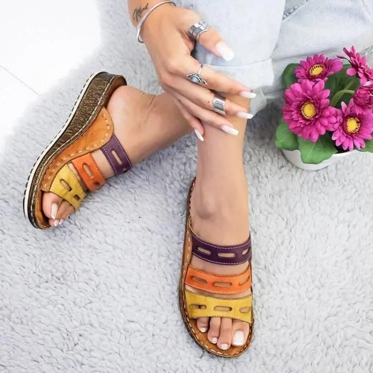 

Wedge Heel Slipper 2021 Summer Women Lady Retro Stitching Color Casual Low Beach Open Peep Toe Sandals 3 colors Shoes Slides 43