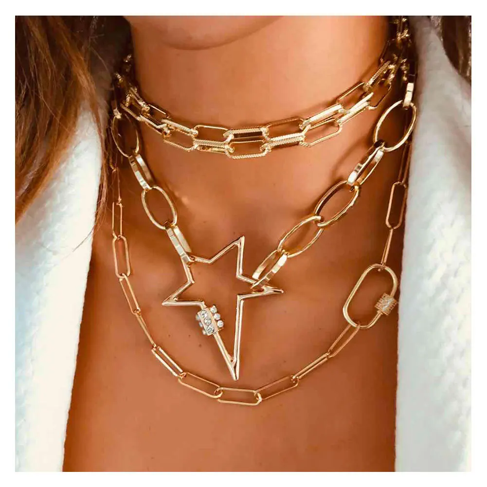 

Hip Hops Real Gold Plated Chunky Screw Clasp Star Necklace Punk Multi Layer Carabiner Paperclip Rolo Chain Necklace