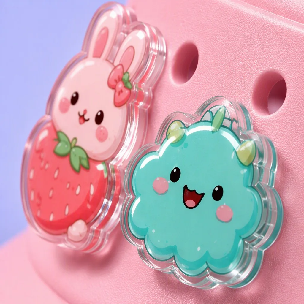 Macro detail of laser cut acrylic charms and crystal epoxy gloss