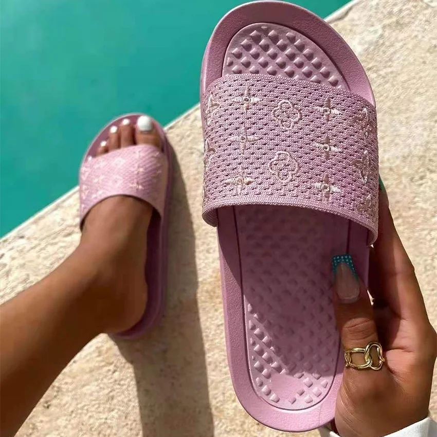 

Fashionable Knitted Upper Women's Slides Slippers Open Toe Anti-slip Slip On Outdoor Beach Sandals Shoes for Ladies Causal Shoes