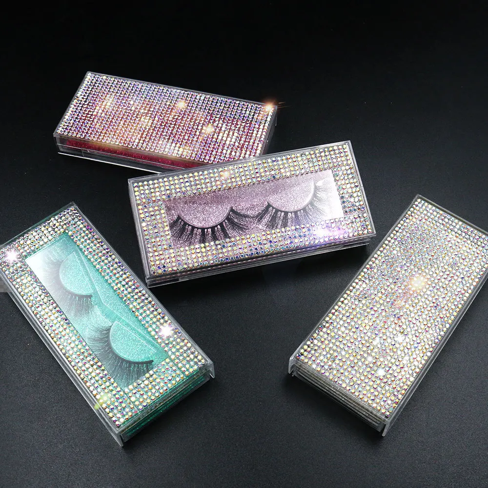 

Transparent PVC lash tray rectangle lash box Empty luxury crystal silide drawer eyelash packaging box with glitter card, Colorful