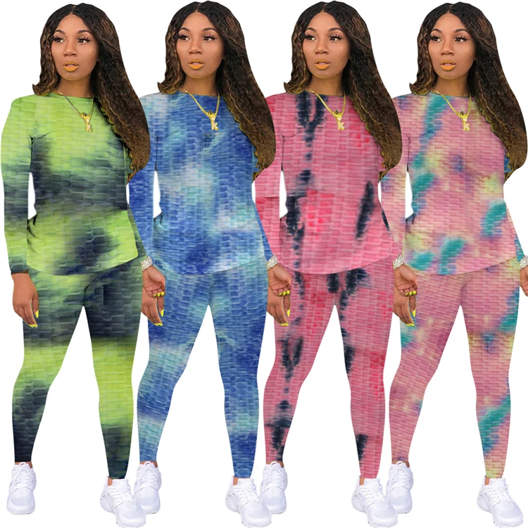 

XM-2021010826 Best selling winter woman clothes fashion two piece set tie dye gradient jogger set women