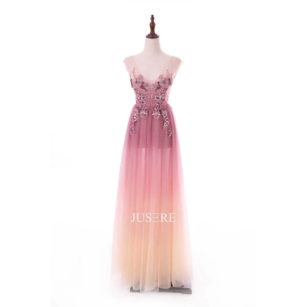 

Ombre v neck appliques beaded aline evening dress low v party gown on sale, Pink