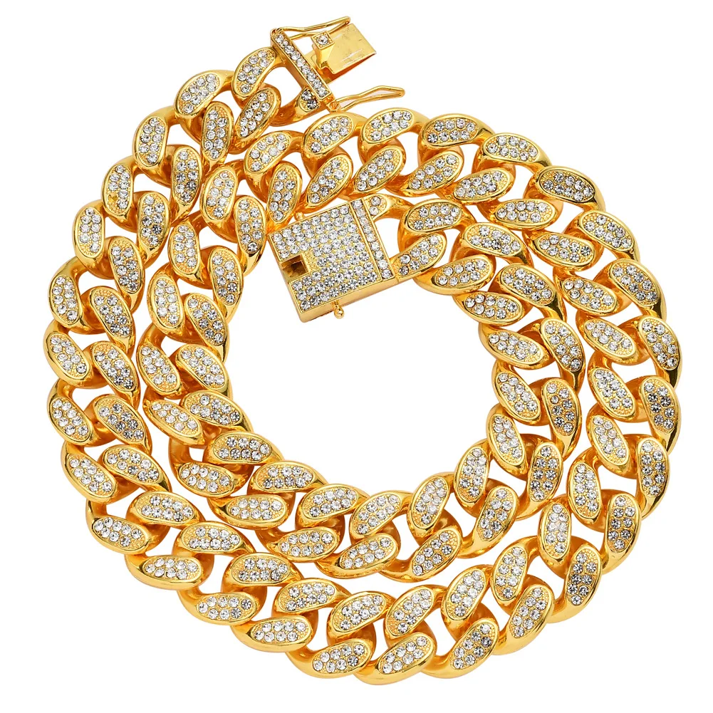 

Hips Hops 18K Gold Plating 20mm Cuban Link Chain Necklace Micro Inlay Full Shining Bling Crystal Cuban Chain Necklace