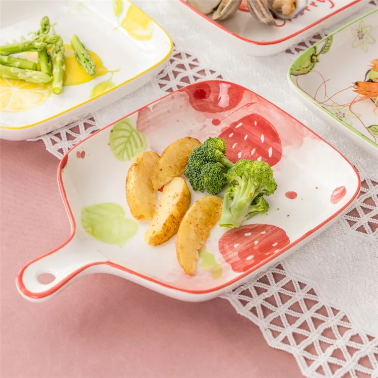 

Microwave oven strawberry pattern baking dish serving pizza square plates nordic ceramic plates with handle, Customized color