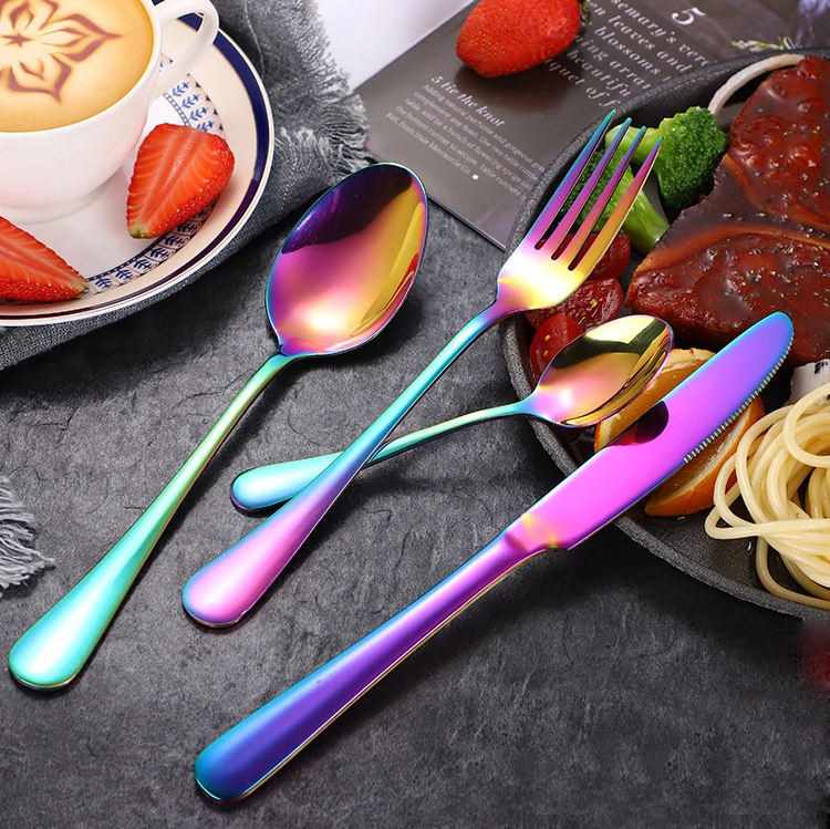 
Luxury PVD coating rainbow cutlery wooden box stainless steel colorful flatware set 