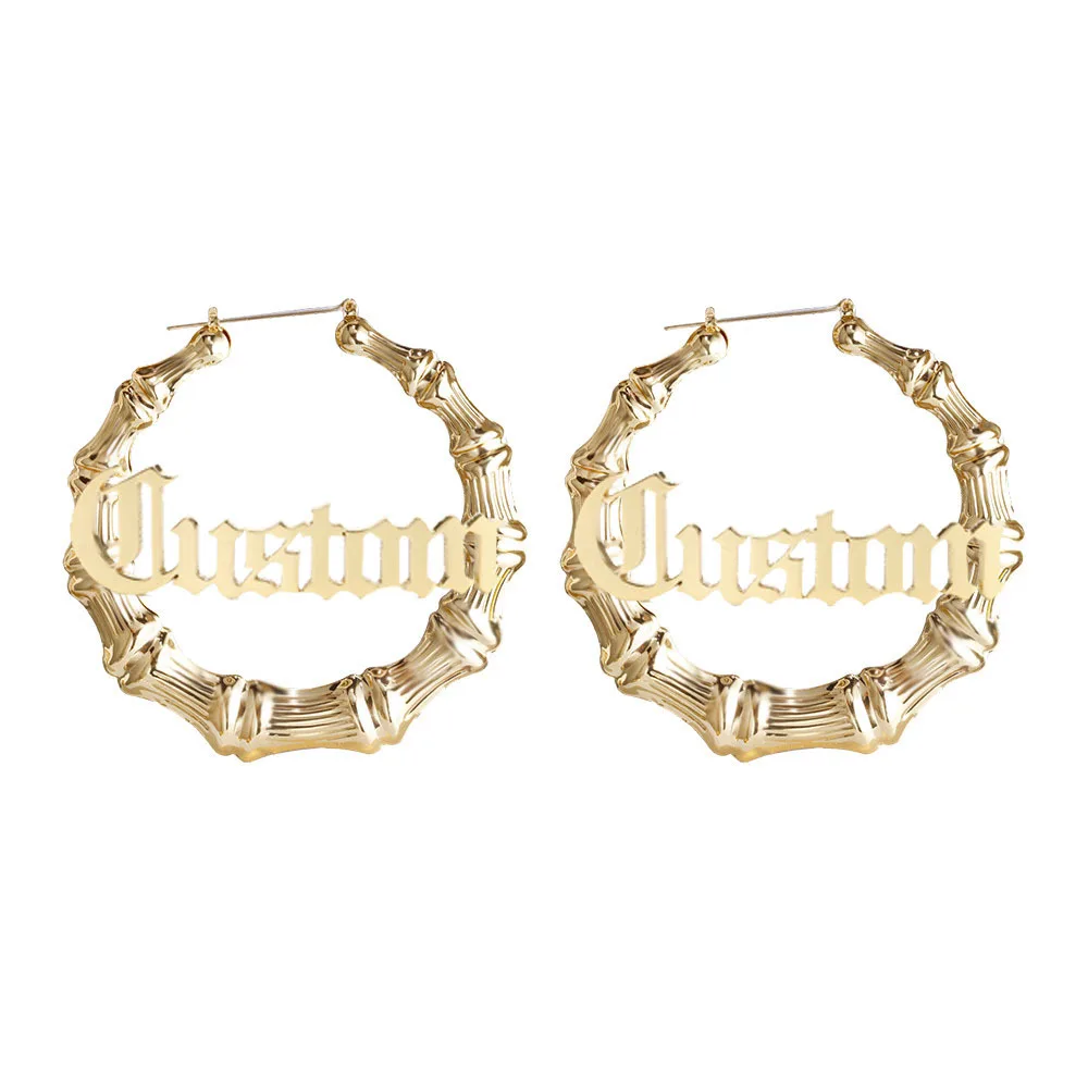 

Exaggerated Custom Name Jewelry Chunky Bamboo Earrings Gold Heart Earrings Women Hoop Earrings