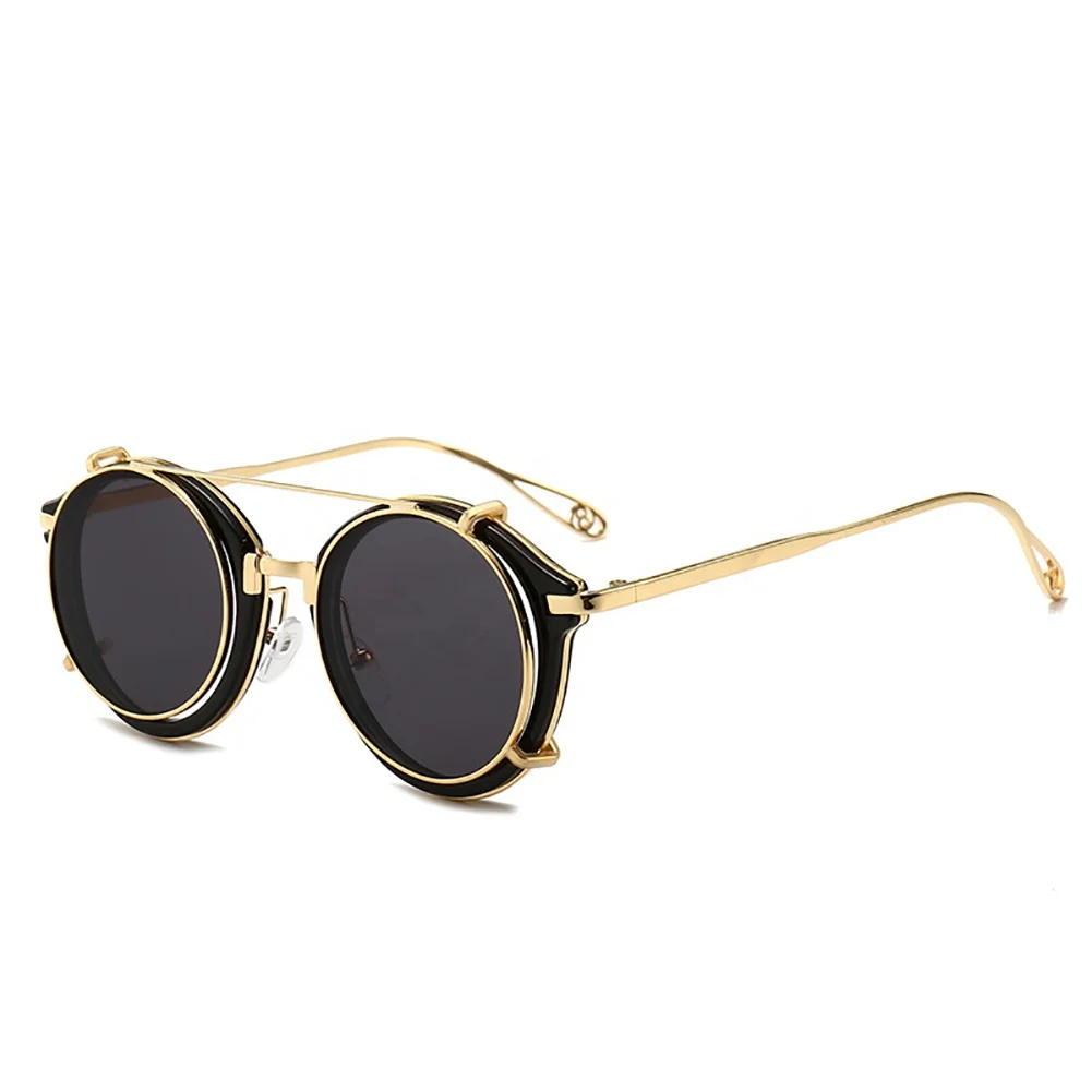 

Retro Steampunk Round Clip On Sunglasses Mens Women Double Layer Removable Lens Detachable Shades Clear Lens Hollow Legs Glasses