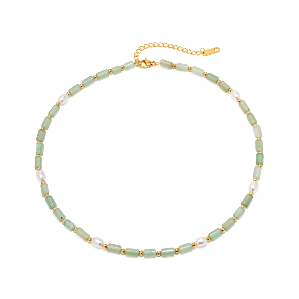 

Green Natural Stone Transfer Bead 18K Gold Plated Necklace Freshwater Pearl Clavicle Chain For Girls