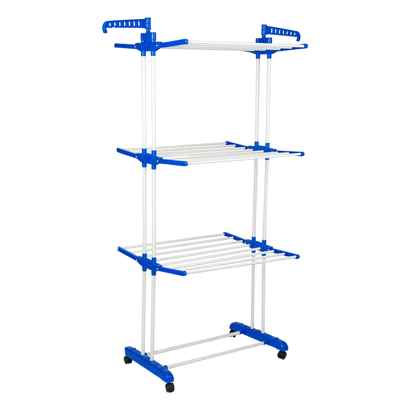 

Hot Sell Movable 4 Tiers Foldable Houseware Stainless Steel Metal Clothes Coats Towels Hanger Laundry Drying Racks, White powder coated & blue plastic parts