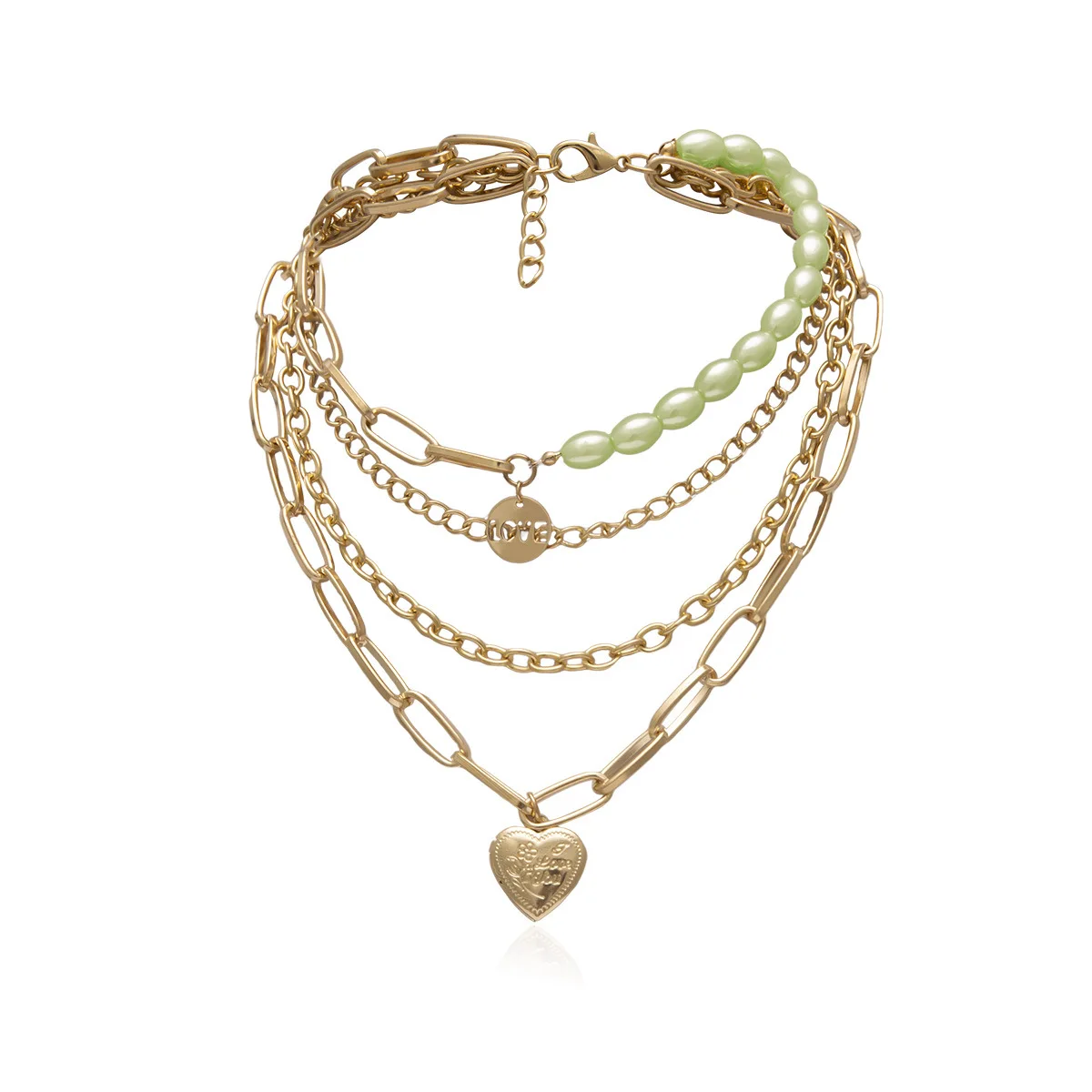 

MSYO High Quality Custom Geometric Multi-layer Heart Necklace Gold Plated Half Pearl Half Chain Necklace, As shown in the picture