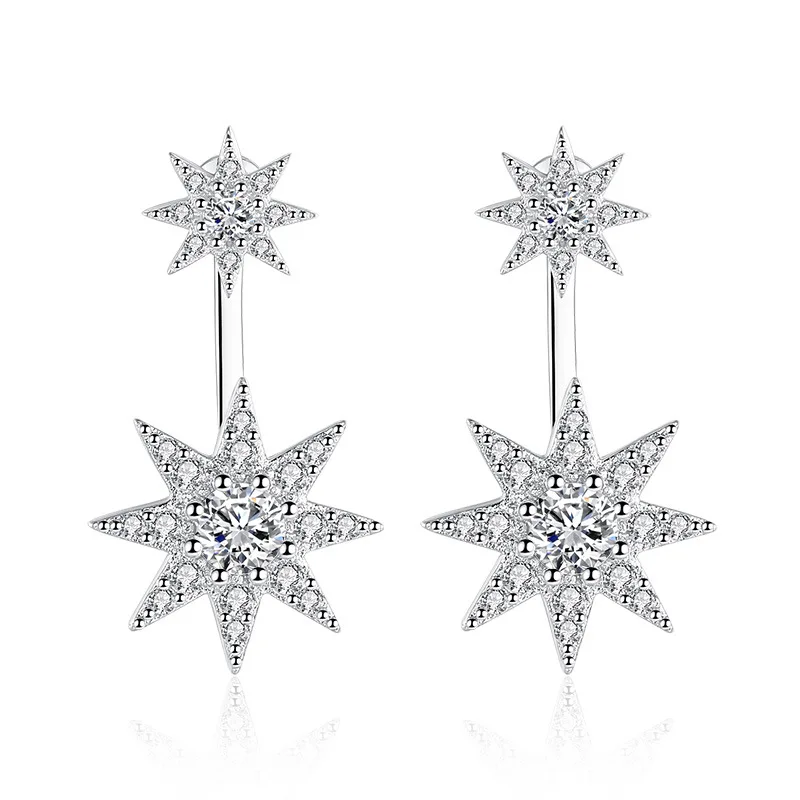 

Fashionable Atmosphere Octagonal Star Micro-inlaid Silver Earrings Female Back-Hanging Silver Earrings