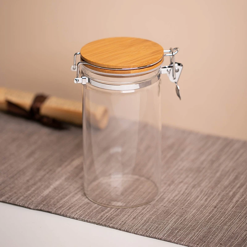 

Hot Sale Seals Cylinder Canister Airtight Food Pantry Kitchen Container With Bamboo Clamp lid Glass Storage Jar