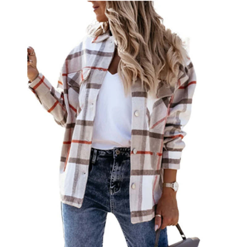 

Women Clothing Casual Gray Oversized Plaid Blouse Checkered Flap Women Coat Jacket, Customized color