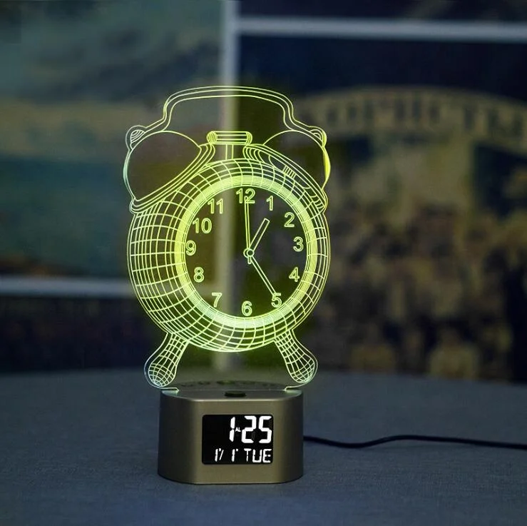 

LED Night Lights Alarm Clock 2D 7 colorful Lights Acrylic board despertador Home Decorative Creative kids Gift table desk clock, As pictures showed
