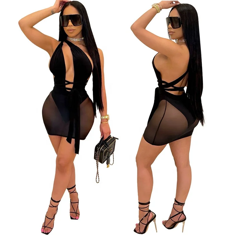 

Plus Size Sleeveless Skinny Backless Mini Party Dress Women Dresses Ladies High Stretch Nightclub Sexy Mesh Maxi Dress Ladies