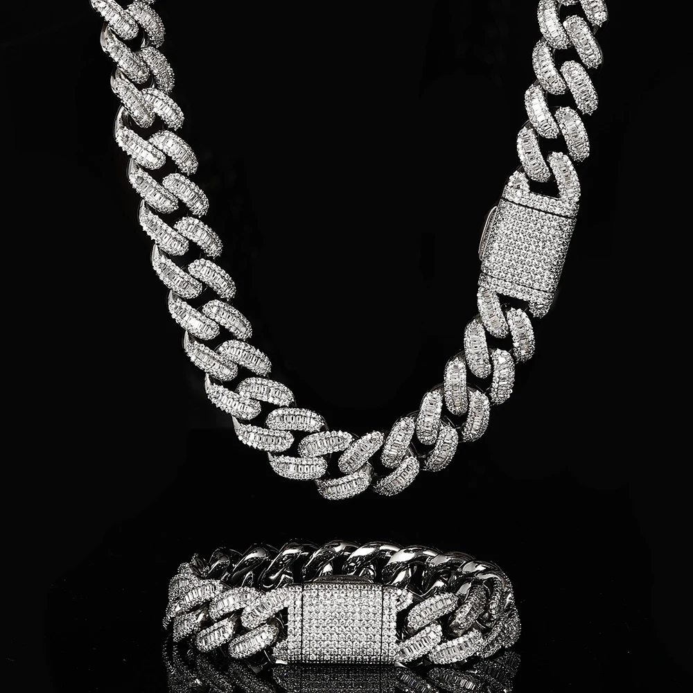 

Mens 15mm Box Clasp Miami Cuban Chain Jewelry Iced Out Fully CZ Diamond Baguette Cuban Necklace Chain, Picture