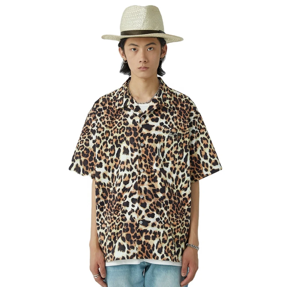 

FMG Cuban collar loose casual short sleeved leopard shirts hip hop men's shirts