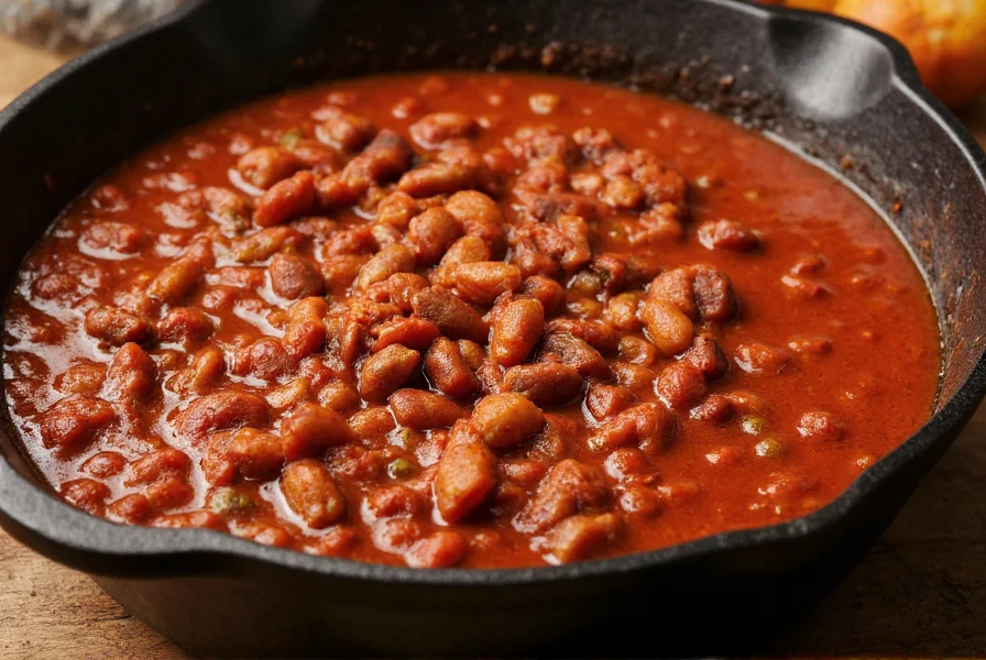 Authentic Texas chili in cast iron pot showing rich red color and meat texture without beans