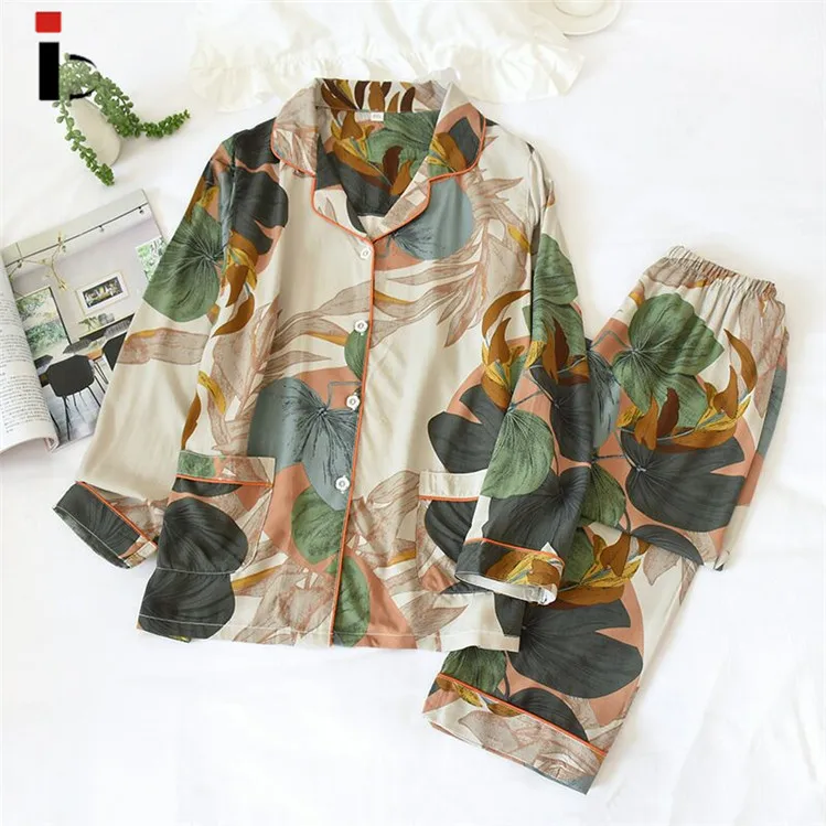 

Cotton Pajamas Women Two Piece Set Summer Thin Long Sleeve Rayon Pajamas Summer Silk Set, Can be custimized