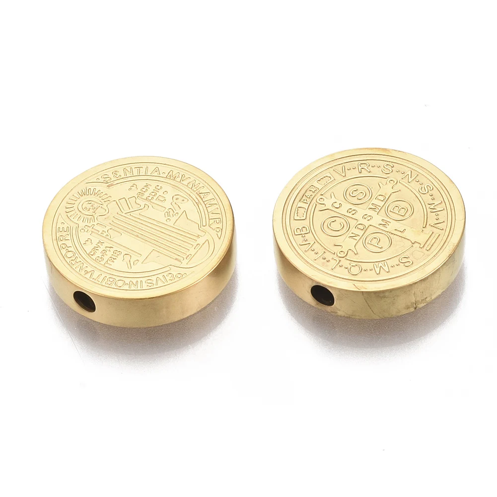 

PandaHall 304 Stainless Steel Metal Golden Flat Round Saint Benedict Beads