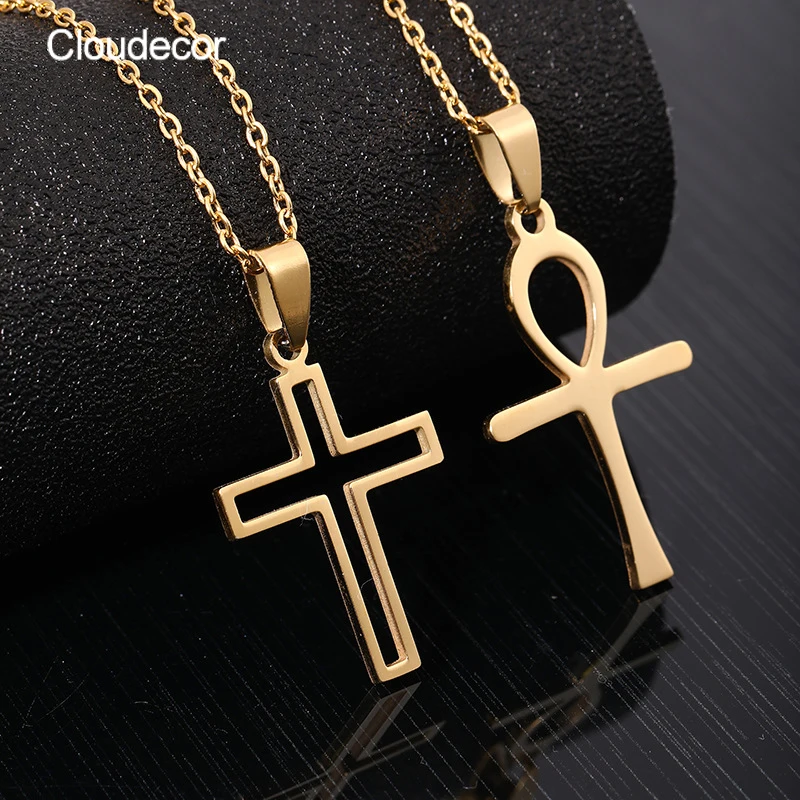 

New Cross Gold Pendant Necklace Link Chain Ankh Necklace Stainless Steel Necklace Religious Jewelry For Men Women, 18k gold plated