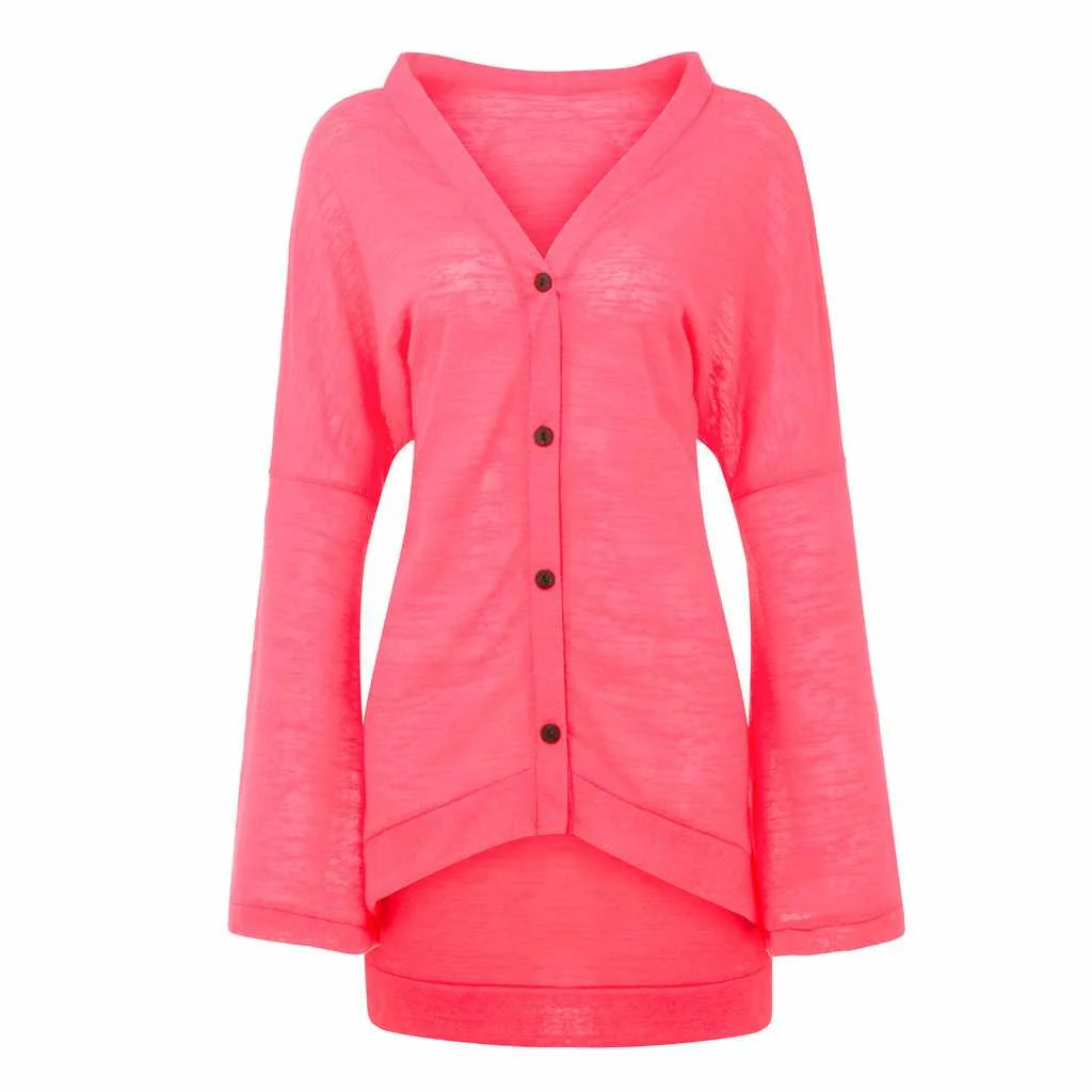 

Pink V-neck Cardigan Flared Sleeves Button Sweater Sweaters For Women