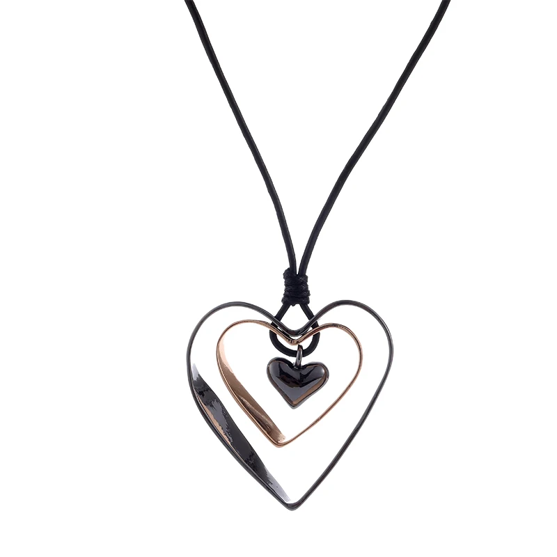 

Necklace fashion hollow double heart pendant necklace black rope adjustable heart-shaped large pendant sweater necklace