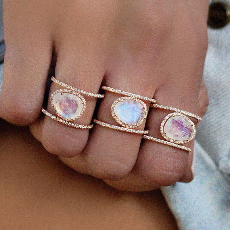 

New Arrival Irregular 14K Rose Gold Plated Stacking Double Lines Plastic Stone Moonstone Engagement Finger Rings, As picture show