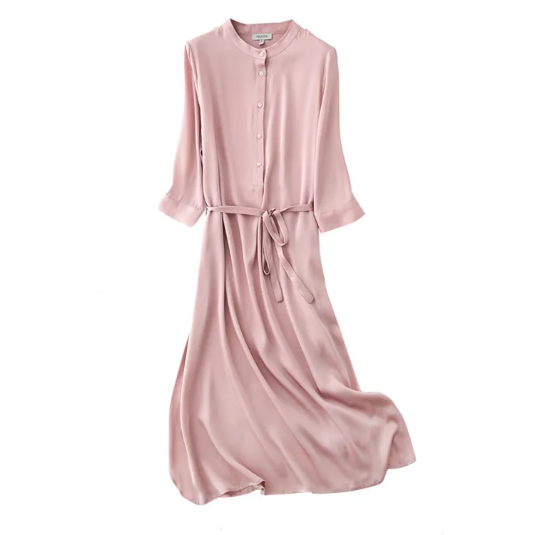 

100% Heavy Weight Mulberry Silk Ladies Silk Long Dress Belted Button Up Luxury Women's Pure Silk Dresses