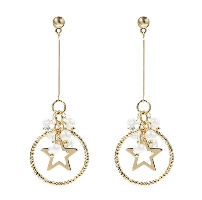

Korean new five-pointed star pearl tassel earrings female vintage design long earrings S925 silver post earrings