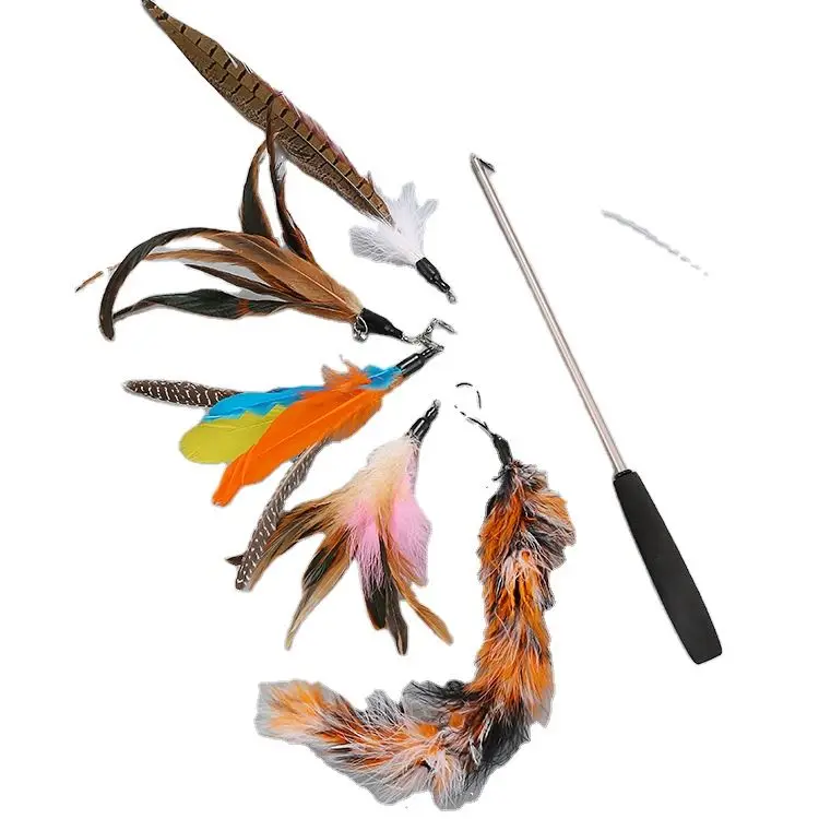 

High Quality Variety Retractable Feather Tickle Cat Wand Stick Replacement Head Set Cat Toy, All sorts of color