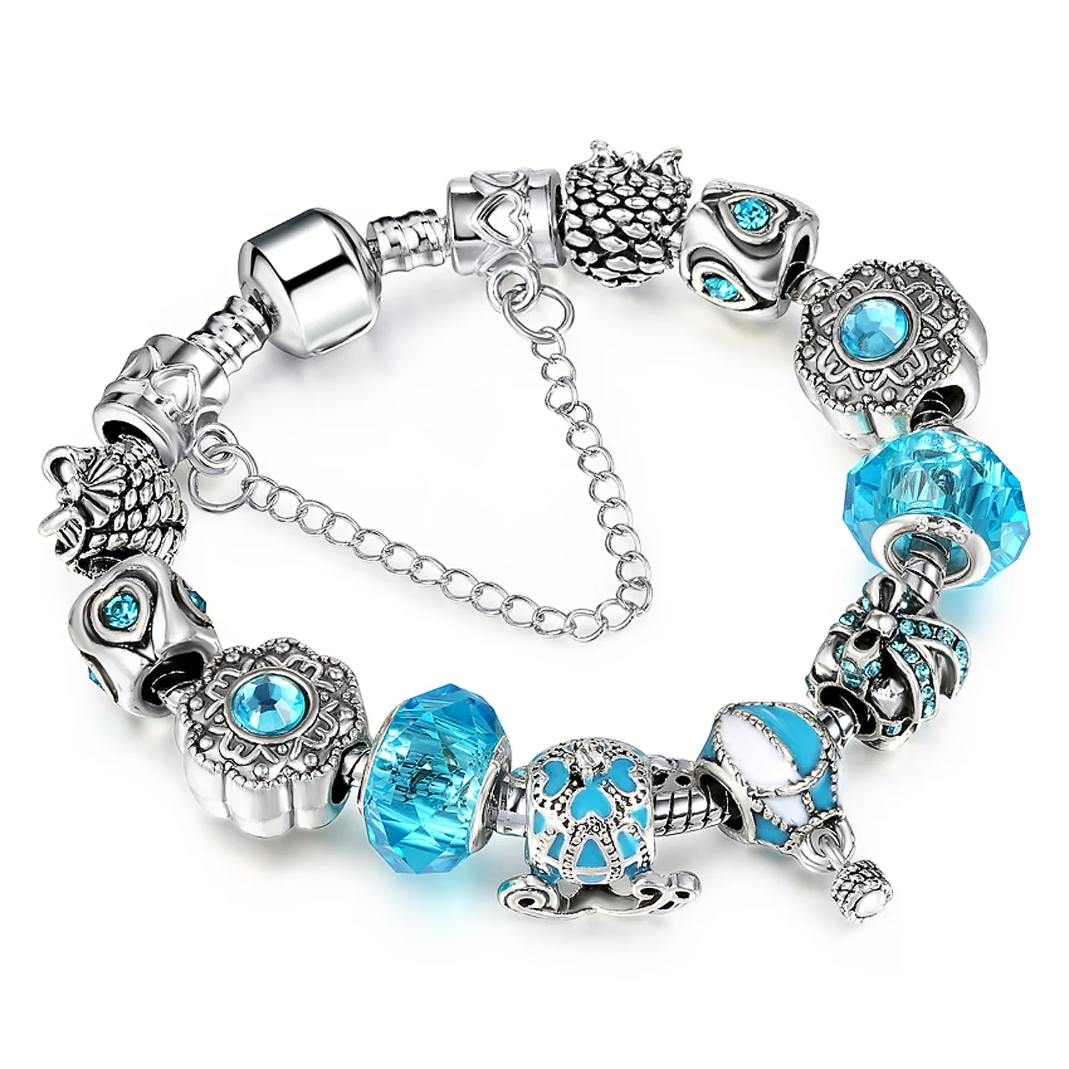 

European Style Blue Crystal Big Hole Beads DIY Charm Bracelet Double Layers Plating Oil Drop Balloon Charm Bracelet