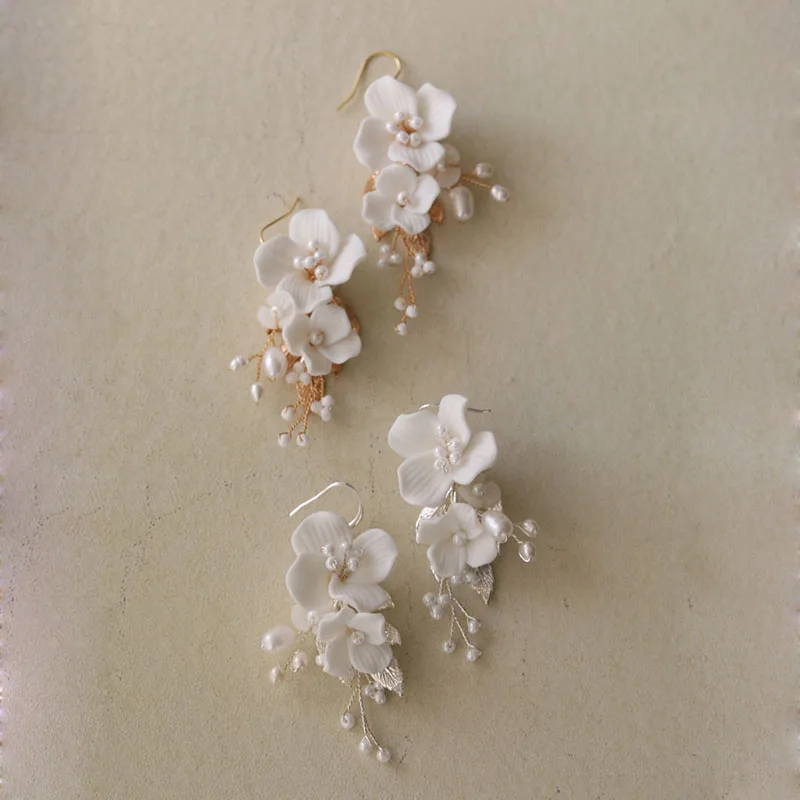 

SLBRIDAL Ins Style Sparkling Zircon Crystal Rhinestones Porcelain Flower Freshwater Pearls Bridal Wedding Earring Women Earrings