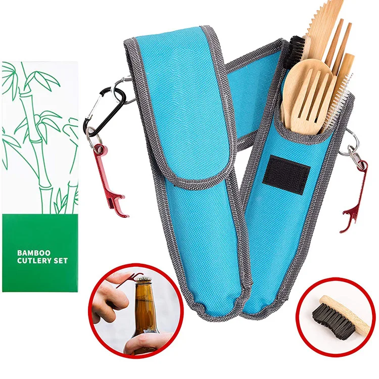 

Amazon Hot sell Reusable Eco Friendly Customized Logo Fiber Travel Bamboo Cutlery Set, Natural bamboo color